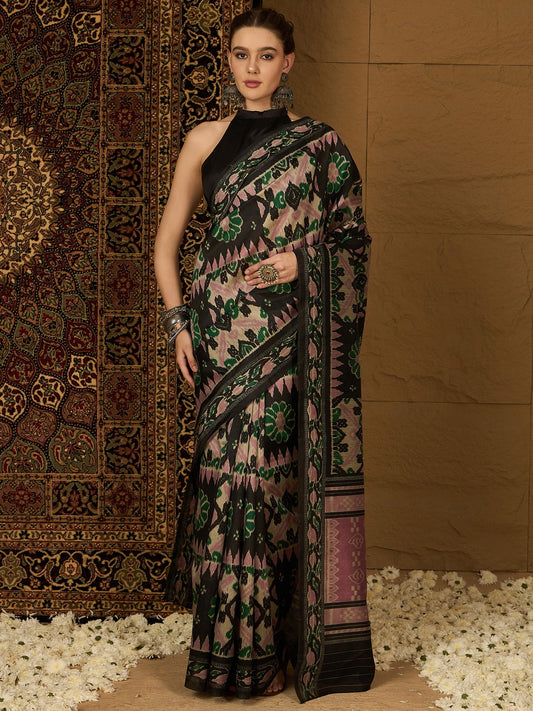 Hand-Printed Ikat Designer Saree in Luxurious Bhagalpuri Silk