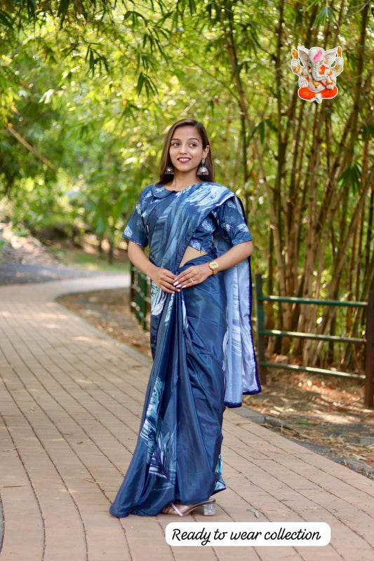 Fully Stitched Chinon Silk Saree with Digital Print